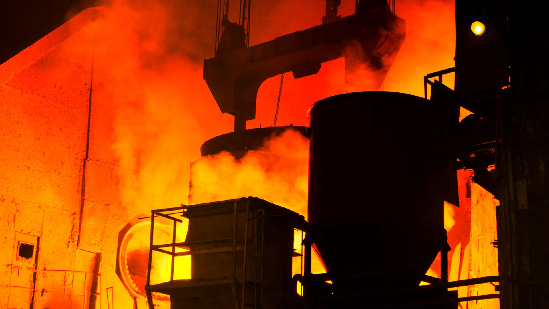 Molten steel being cast in a steel plant