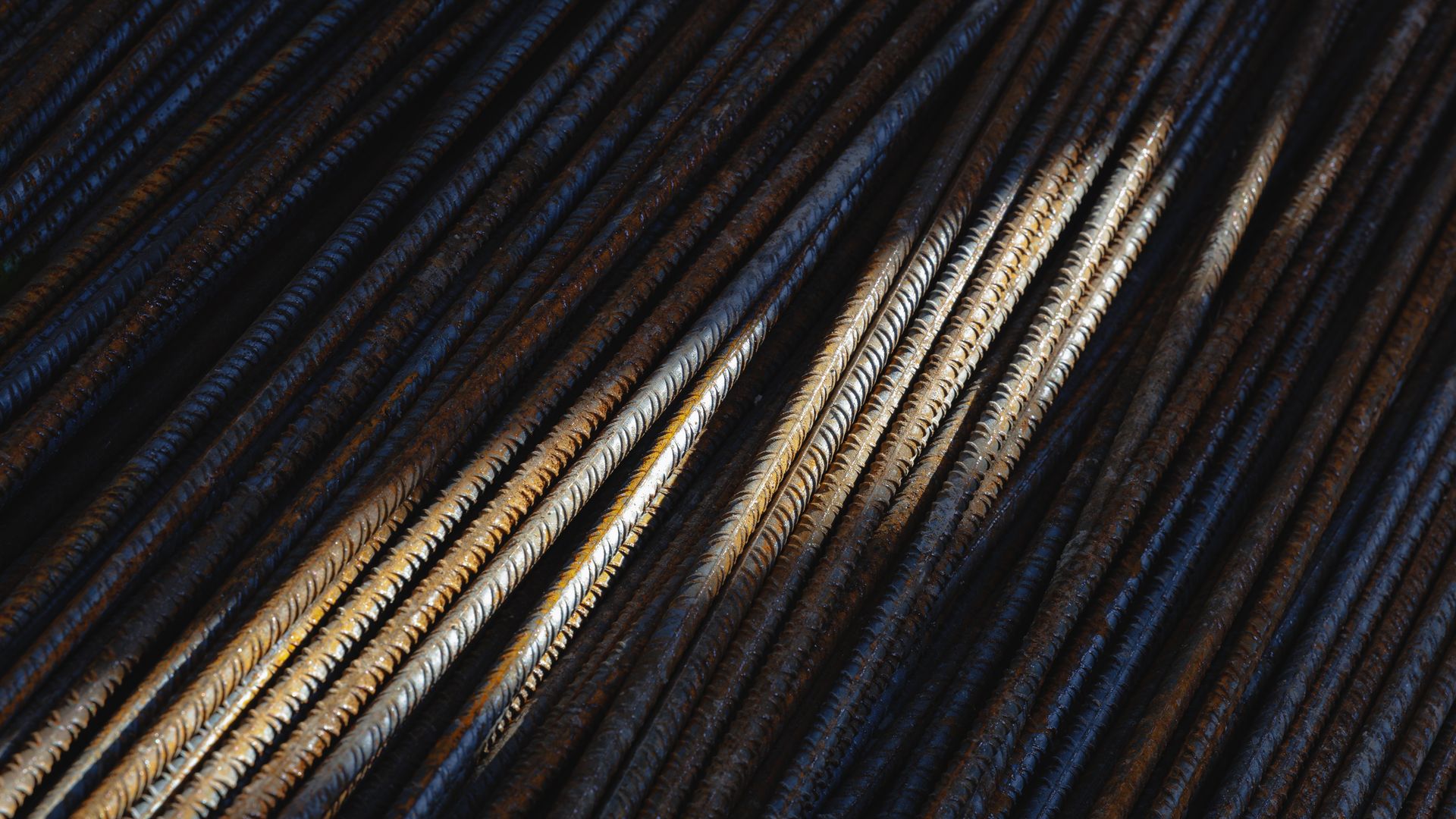 Close-up of ribbed TMT steel bars